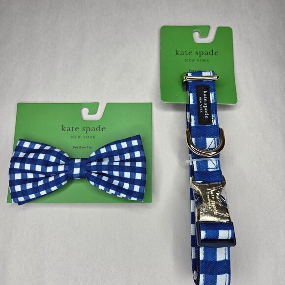 NWT Kate Spade Blue Gingham Dog Collar & Attachable Bow Tie - Picture 1 of 2